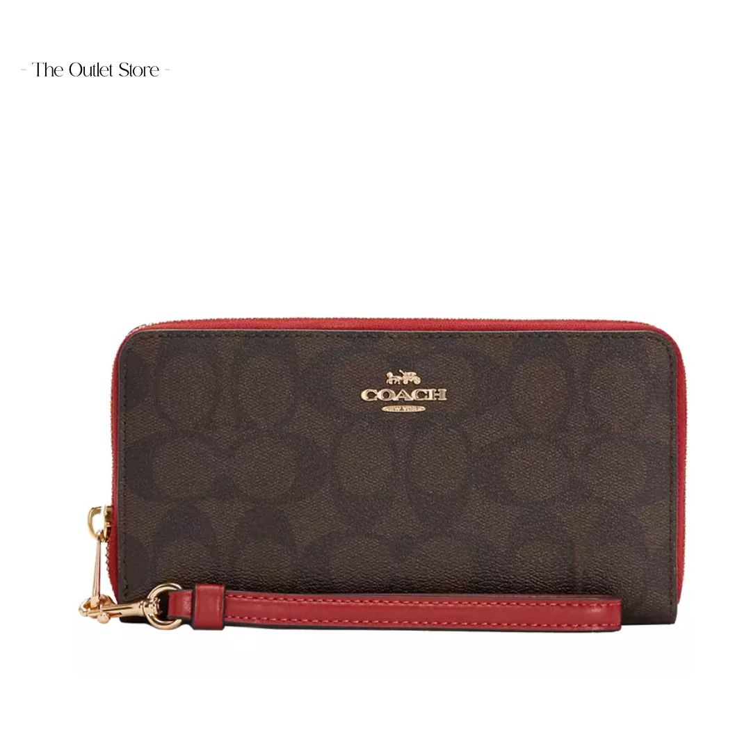 COACH LONG ZIP AROUND WALLET IN SIGNATURE CANVAS(BROWN/ 1941 RED)