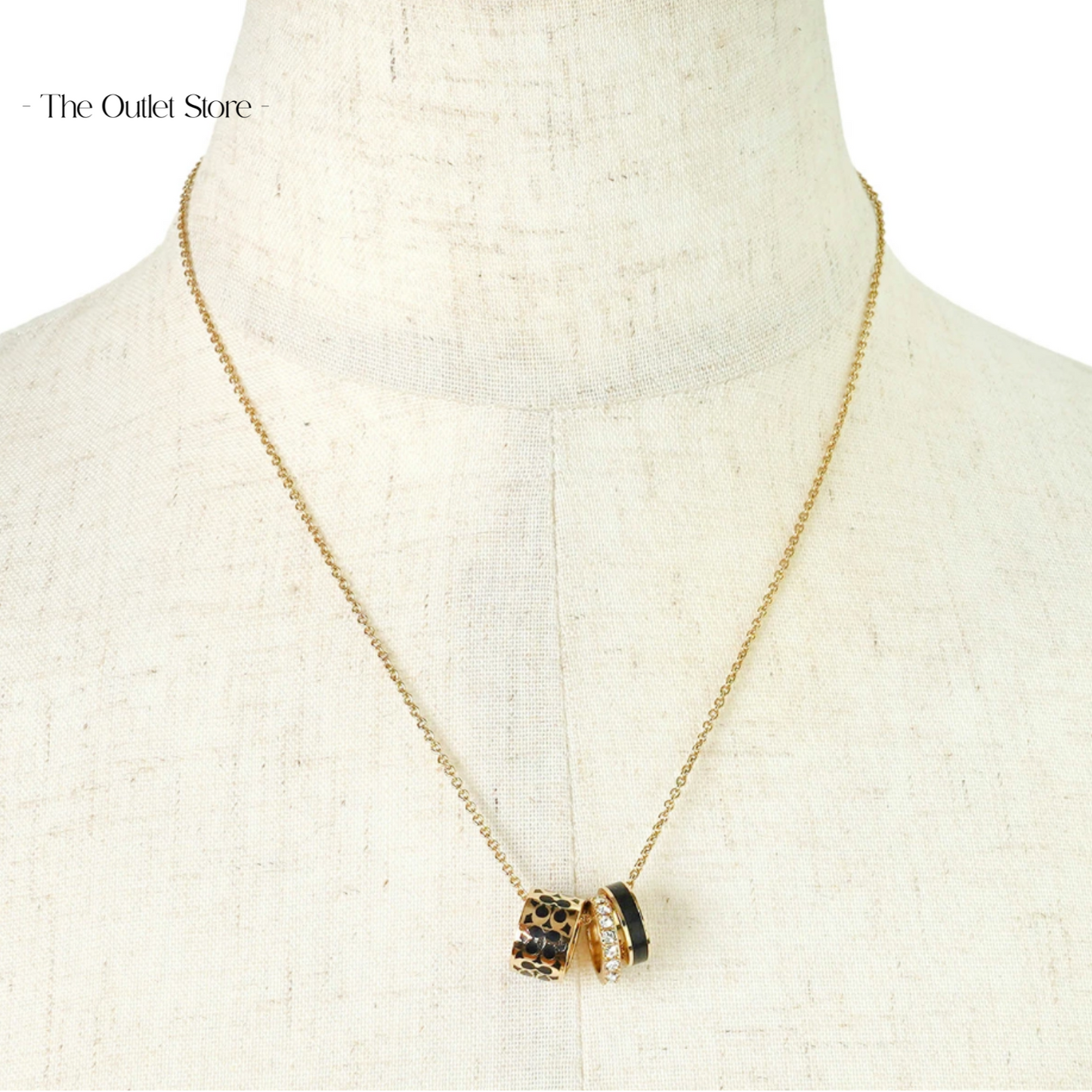 Coach Signature C Enamel Diamond Paved Gold Black 3 Charms Necklace