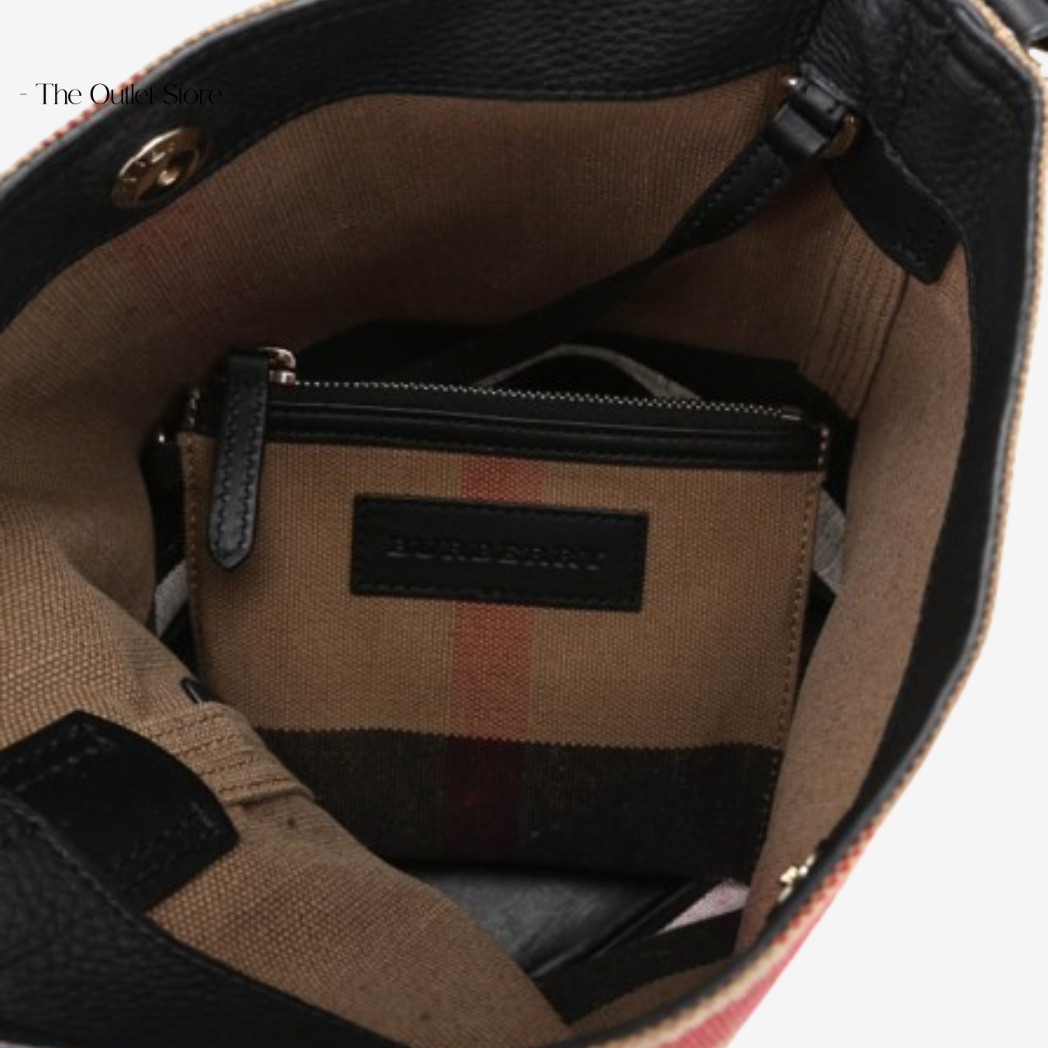 BURBERRY THE ASHBY CANVAS CHECK COTTON AND LINEN BLEND CROSSBODY BUCKET BAG (CAMELBLACK)