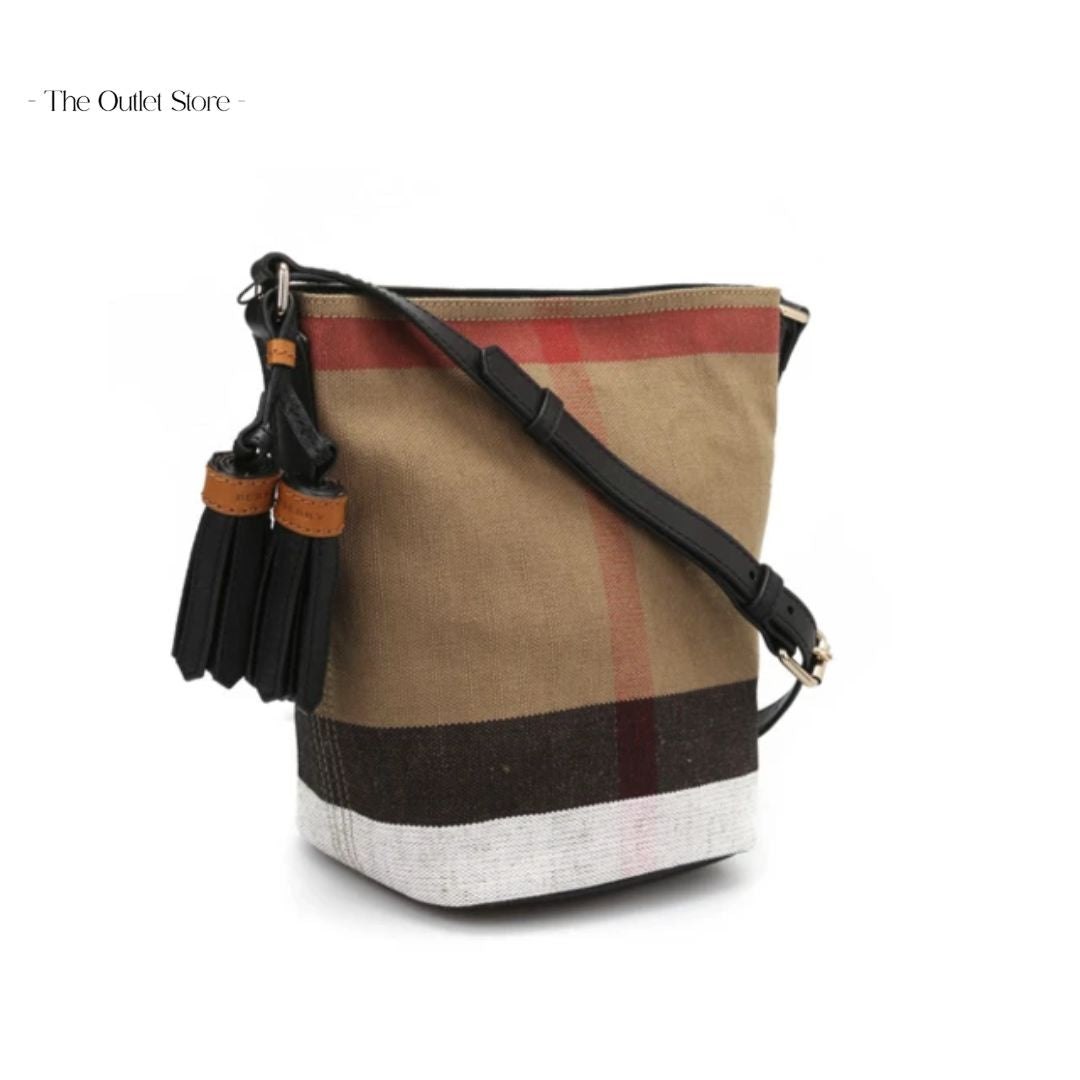 BURBERRY THE ASHBY CANVAS CHECK COTTON AND LINEN BLEND CROSSBODY BUCKET BAG (CAMELBLACK)