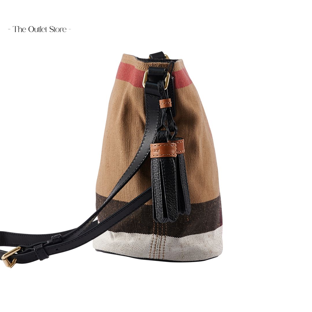 BURBERRY THE ASHBY CANVAS CHECK COTTON AND LINEN BLEND CROSSBODY BUCKET BAG (CAMELBLACK)