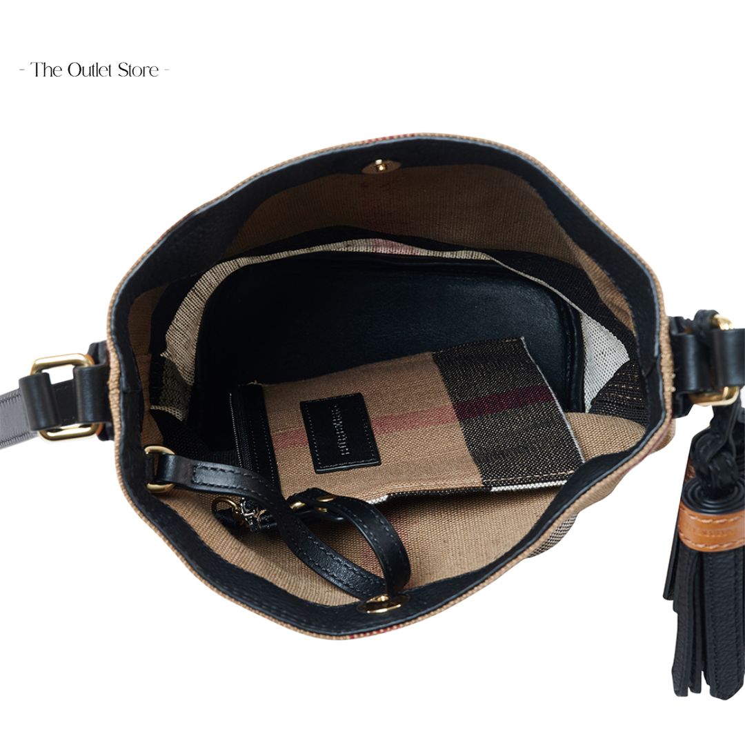 BURBERRY THE ASHBY CANVAS CHECK COTTON AND LINEN BLEND CROSSBODY BUCKET BAG (CAMELBLACK)