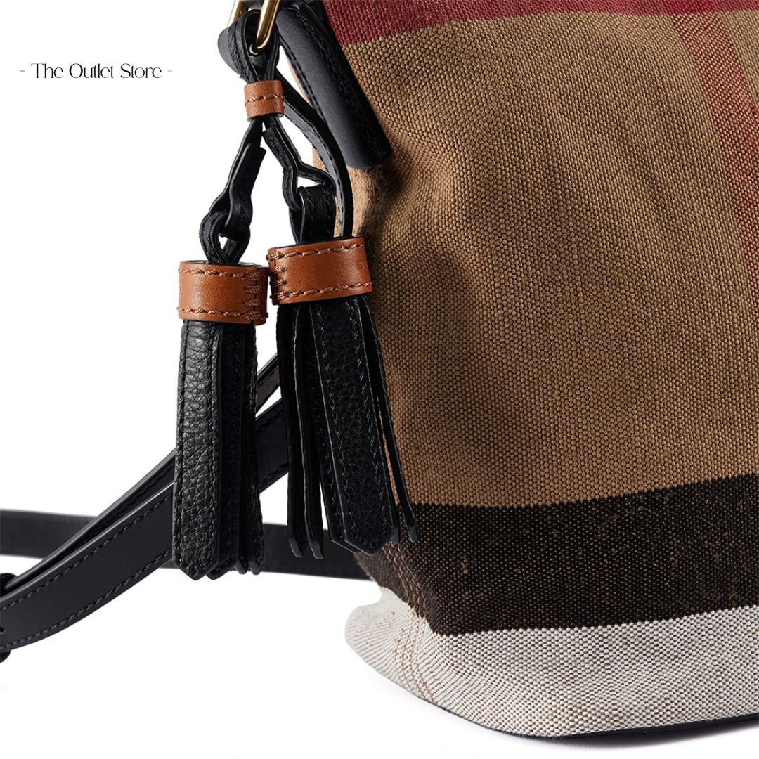 BURBERRY THE ASHBY CANVAS CHECK COTTON AND LINEN BLEND CROSSBODY BUCKET BAG (CAMELBLACK)