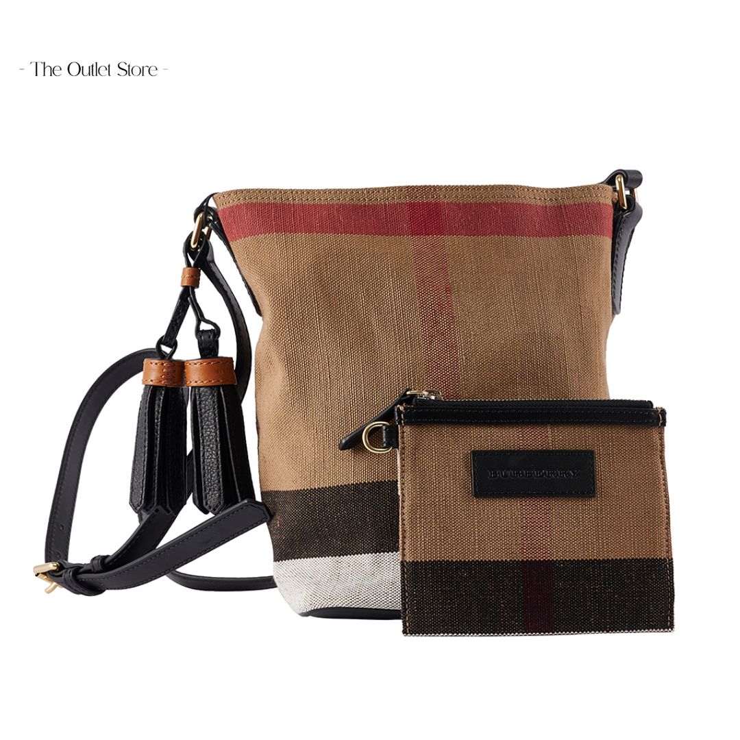 BURBERRY THE ASHBY CANVAS CHECK COTTON AND LINEN BLEND CROSSBODY BUCKET BAG (CAMELBLACK)