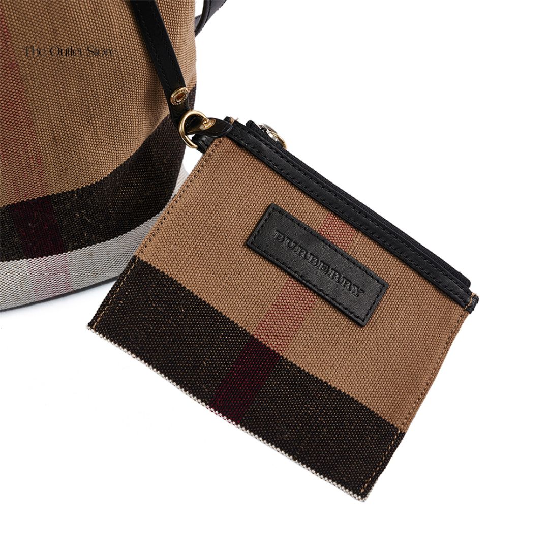 BURBERRY THE ASHBY CANVAS CHECK COTTON AND LINEN BLEND CROSSBODY BUCKET BAG (CAMELBLACK)