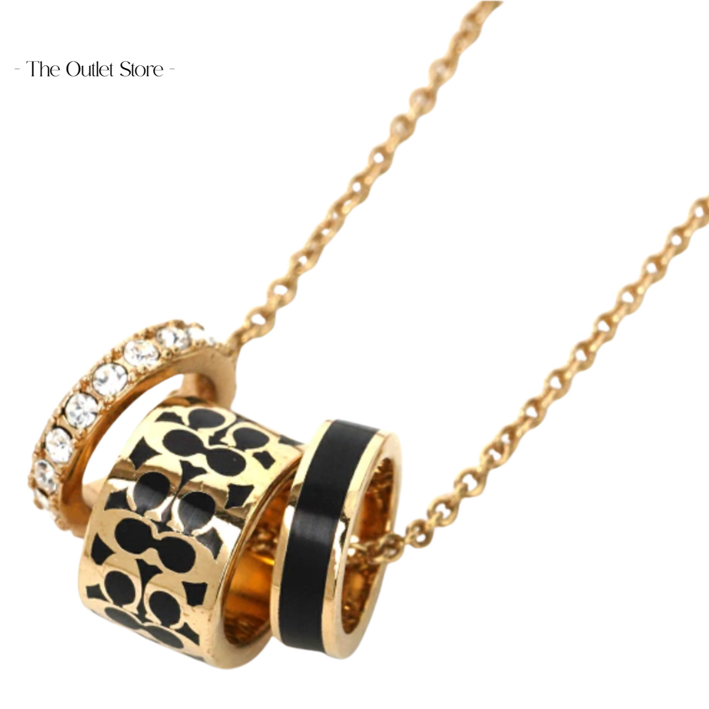 Coach Signature C Enamel Diamond Paved Gold Black 3 Charms Necklace