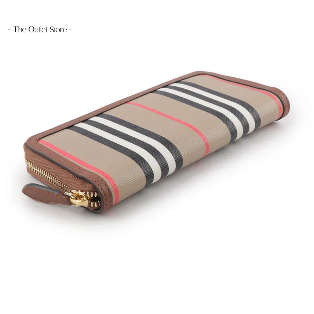 BURBERRY ELLERBY LEATHER ICON STRIPE CANVAS ZIP AROUND CONTINENTAL WALLET HALTON (TAN)