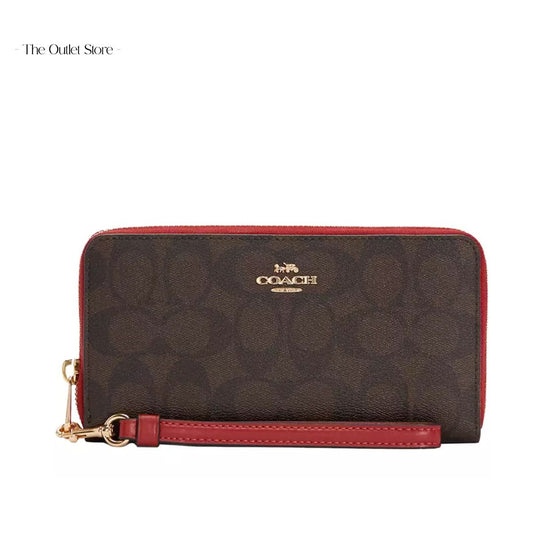 COACH LONG ZIP AROUND WALLET IN SIGNATURE CANVAS(BROWN/ 1941 RED)