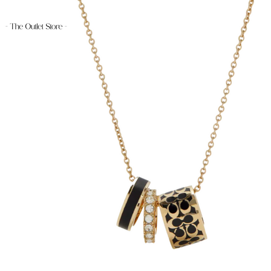 Coach Signature C Enamel Diamond Paved Gold Black 3 Charms Necklace