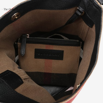 BURBERRY THE ASHBY CANVAS CHECK COTTON AND LINEN BLEND CROSSBODY BUCKET BAG (CAMELBLACK)