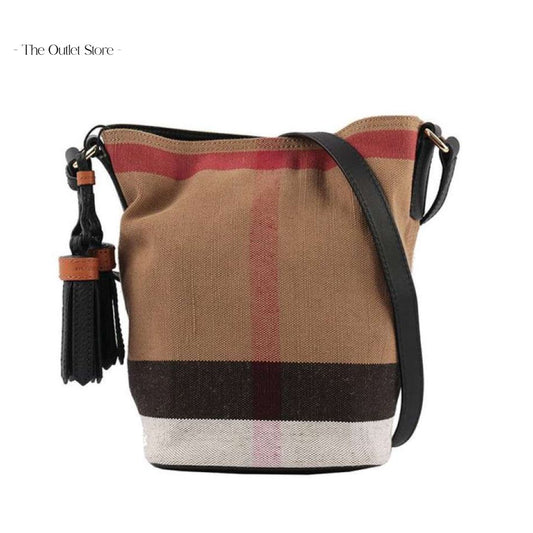 BURBERRY THE ASHBY CANVAS CHECK COTTON AND LINEN BLEND CROSSBODY BUCKET BAG (CAMELBLACK)