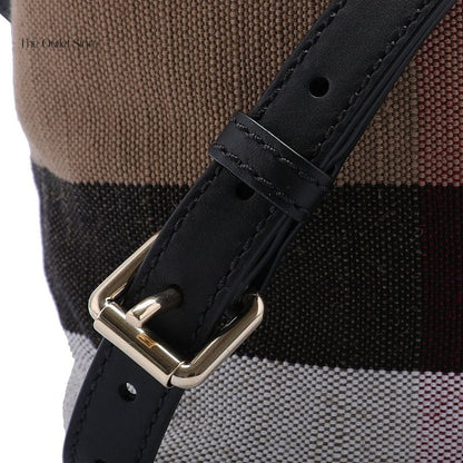 BURBERRY THE ASHBY CANVAS CHECK COTTON AND LINEN BLEND CROSSBODY BUCKET BAG (CAMELBLACK)