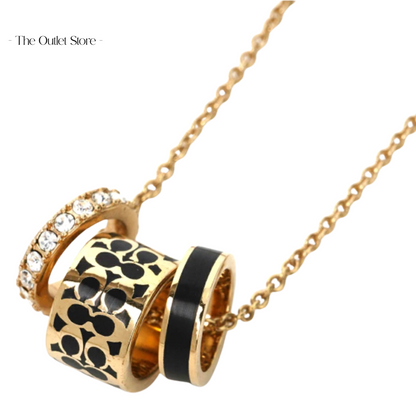 Coach Signature C Enamel Diamond Paved Gold Black 3 Charms Necklace