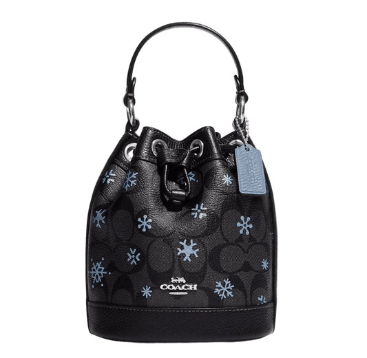 DEMPSEY DRAWSTRING BUCKET BAG 15 IN SIGNATURE CANVAS WITH SNOWFLAKE PRINT