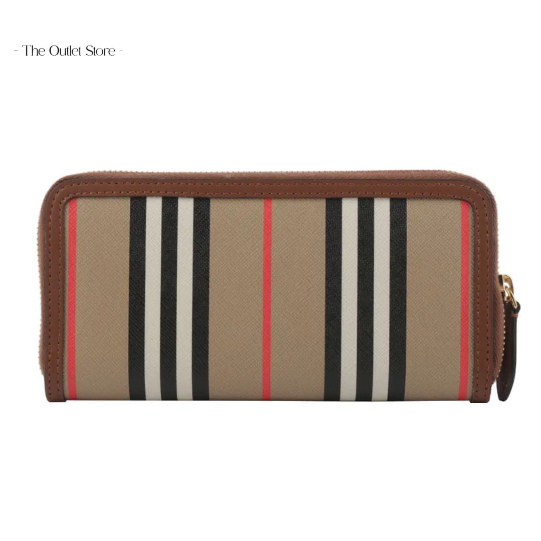 BURBERRY ELLERBY LEATHER ICON STRIPE CANVAS ZIP AROUND CONTINENTAL WALLET HALTON (TAN)