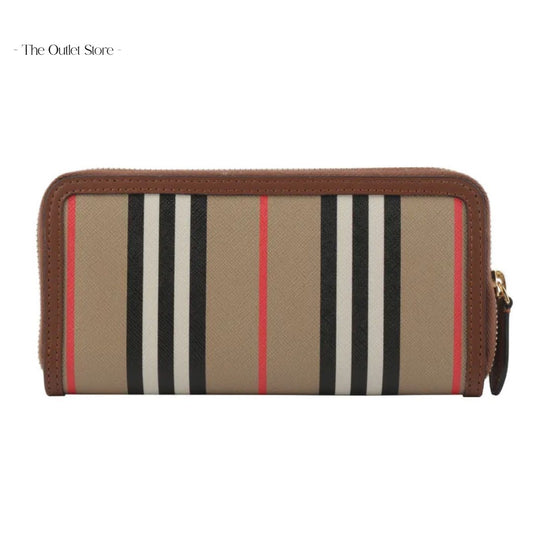 BURBERRY ELLERBY LEATHER ICON STRIPE CANVAS ZIP AROUND CONTINENTAL WALLET HALTON (TAN)